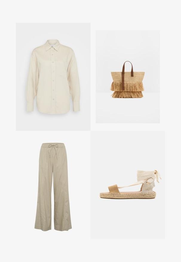Chemise beige à boutons, fabriquée en tissu léger, avec des manches longues, une poche poitrine et un col classique.; Pantalons beige à jambes larges en tissu léger, dotés d'une taille élastique avec cordon de serrage et de poches latérales. Texture lisse, design minimaliste.; Anna Field by Zalando LEATHER - Espadrilles - beige; Sac cabas en paille tissée avec deux couches de franges en paille et des poignées en cuir marron, debout sur une surface blanche.