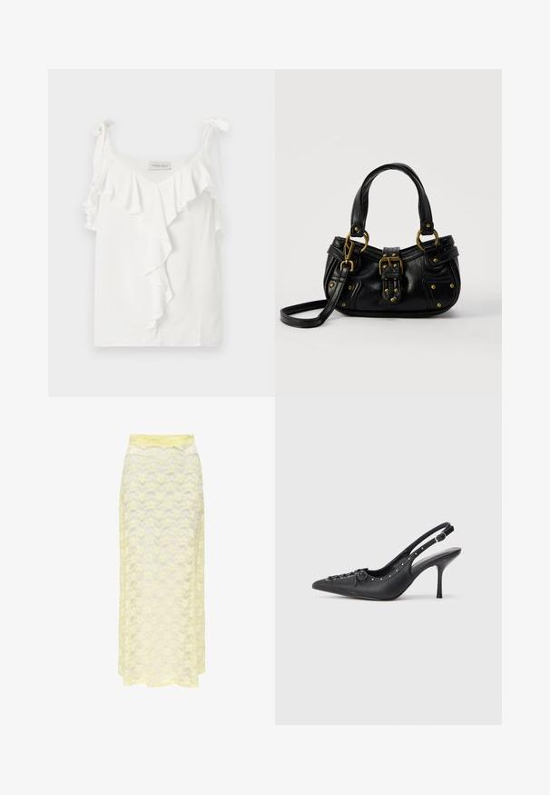 Blouse blanche sans manches avec bretelles à nouer et détail de volants en cascade à l'avant, tissu texturé, étiquette Anna Field à l'intérieur de l'encolure.; Jupe maxi en dentelle jaune avec un motif ondulé, dotée d'une taille lisse et d'une texture douce et transparente. Conçue pour une silhouette fluide.; Escarpin en cuir noir à talon aiguille avec un bout pointu, une bride latérale à boucle, des clous le long du bord et un laçage décoratif à l'avant.; Sac à main en cuir noir avec boucle dorée et détails à rivets, poignées courtes et bandoulière réglable sur fond blanc uni.