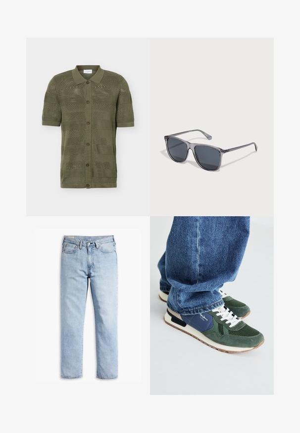 Polo de punto verde oliva de manga corta con botones en la parte delantera y un patrón de calados, mostrado plano sobre un fondo blanco.; Jeans de mezclilla azul claro con un diseño de pierna recta, estilo de cinco bolsillos y detalles de costura resistente. Presenta un cierre de cremallera y botón de metal.; Zapatillas verdes y navy con detalles de malla y ante, cordones blancos y suela beige. Llevadas con jeans de mezclilla azules, mostrando la zona del tobillo.; Gafas de sol grises y transparentes con lentes oscuros, forma rectangular y brazos rectos. Presenta un sutil logotipo en la patilla. Diseño elegante.