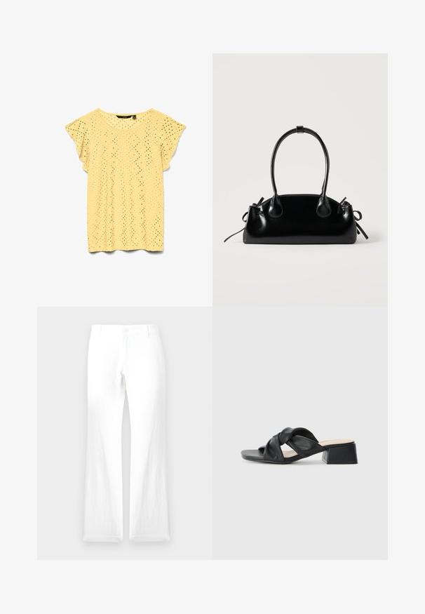 Blouse jaune clair à manches courtes avec motif losange ajouré et manches volantées, encolure ronde et tissu léger.; Pantalons en lin blanc avec une jambe droite, fermeture à bouton et sans motifs visibles. Texture lisse et design minimaliste.; Sandale en cuir noir avec un design supérieur tordu, bout carré et un petit talon carré, présentant une texture lisse et un style minimaliste.; Petit sac à main noir brillant avec deux longues anses et des détails à cordon sur les côtés sur un fond clair uni.