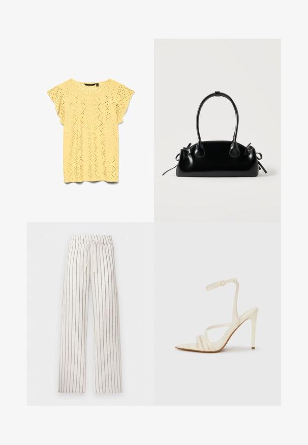Blouse jaune clair à manches courtes avec motif losange ajouré et manches volantées, encolure ronde et tissu léger.; Pantalon blanc à jambes larges avec fines rayures verticales noires et taille à cordon.; Sandales à talons hauts beiges avec un bout pointu, comportant trois brides à l'avant et une fine bride à la cheville avec une boucle. Texture lisse, design minimaliste.; Petit sac à main noir brillant avec deux longues anses et des détails à cordon sur les côtés sur un fond clair uni.