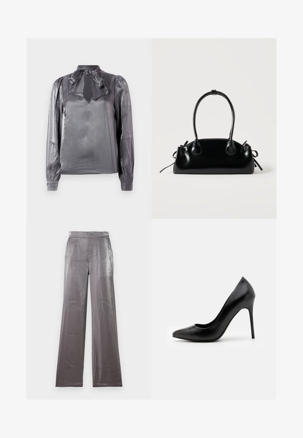 Blouse grise en satin avec un col en noeud, découpe en forme de clé, et manches longues avec des poignets élastiques. Texture lisse et léger éclat.; Pantalons à jambes larges en tissu argenté brillant. Caractéristiques d'une texture lisse avec une taille plate et sans poches visibles.; Escarpin noir en cuir avec un bout pointu et une texture lisse. Dispose d'un talon aiguille fin et d'un décolleté bas.; Petit sac à main noir brillant avec deux longues anses et des détails à cordon sur les côtés sur un fond clair uni.