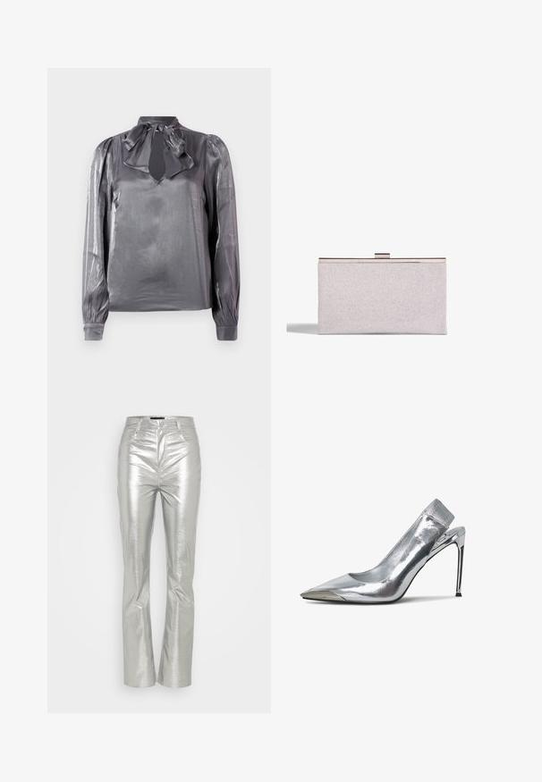 Blusa de satén gris con cuello de lazo, corte en forma de llave y mangas largas con puños elásticos. Textura suave y ligero brillo.; Gina Tricot TROUSERS - Pantalones - silver; Zapato de tacón alto plateado tipo slingback con punta afilada y acabado metalizado. Presenta un diseño elegante y acentos minimalistas en el tacón.; Clutch plateado brillante con forma rectangular elegante, cierre de metal y textura suave. Diseño minimalista.