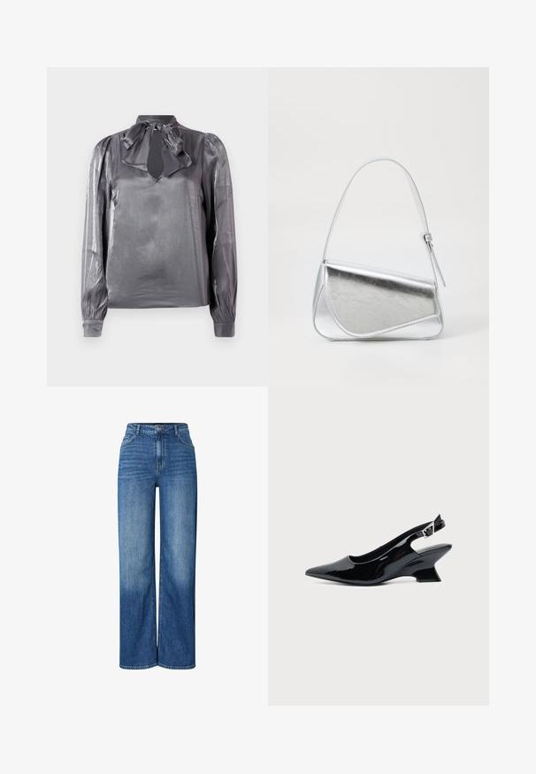 Blouse grise en satin avec un col en noeud, découpe en forme de clé, et manches longues avec des poignets élastiques. Texture lisse et léger éclat.; Jeans en denim bleu à jambe large avec taille haute, présentant des zones décolorées, un design traditionnel à cinq poches et une fermeture à bouton à l'avant.; Chaussure slingback en cuir verni noir avec bout pointu et petit talon bloc incliné sur fond clair uni.; Sac à main en métal argenté de forme triangulaire, texture lisse et fine bandoulière réglable. Présente un design rabat avec couture.