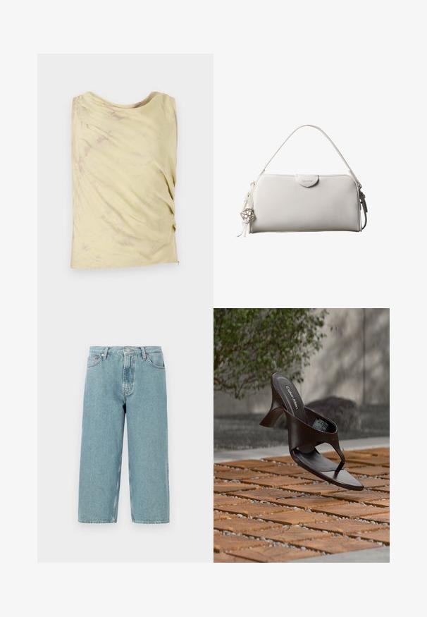Lys gul ærmeløs top med draperet design og subtil marmorering. Har en afslappet pasform og rund halsudskæring.; Lyseblå denimshorts med høj talje, lige snit og rå kant. Har en klassisk knap- og lynlåslukning samt fire lommer.; Brun Calvin Klein hælet thong sandal svævende over træflise og grus udendørs med sløret grønt og stenmur i baggrunden.; Hvid rektangulær Calvin Klein håndtaske med enkelt håndtag, minimalistisk design og dekorative kvaster med geometrisk metalvedhæng på siden.