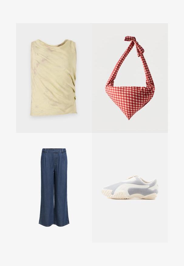 Haut sans manches jaune clair avec un design drapé et une texture marbrée subtile. Présente une coupe décontractée et un col rond.; Pantalon en denim bleu foncé à jambe droite avec une taille élastique et des passants de ceinture, sans poches visibles, présenté sur un fond blanc.; Baskets en daim gris clair avec des accents en cuir blanc. Dotées d'une semelle texturée avec de petites pointes pour une meilleure adhérence. Conception à enfiler.; Sac d'épaule en tissu doux à motif à carreaux rouges et blancs, poignée nouée et forme triangulaire sur un fond uni.