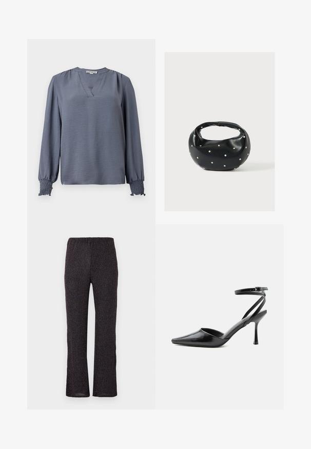 Blusa de manga larga, de color azul claro, con escote en forma de V, que presenta detalles con fruncidos en los hombros y puños fruncidos para aportar textura y elegancia.; Pantalones negros acanalados con una cintura elástica, que cuentan con un corte de pierna recta y sutiles destellos iridiscentes por todo el tejido texturizado.; Zapato de tacón alto negro de punta fina con delgadas correas en el tobillo y cierre de hebilla plateada sobre un fondo liso claro.; Bolso de mano de cuero negro con forma redondeada, decorado con detalles de tachuelas plateadas y un asa corta. Textura lisa y cierre con cremallera.