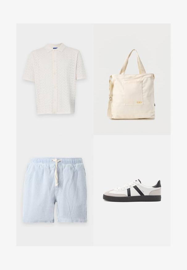 Kurzärmliges Poloshirt in Off-White mit strukturiertem Muster, Knopfleiste und klassischem Kragen.; Himmelblau gestreifte Shorts aus weichem Stoff mit elastischem Bund und Kordelzug. Hat seitliche Taschen und eine lockere Passform.; Weiße Sneaker mit schwarz- und grau-aczenten, ausgestattet mit einer strukturierten grauen Zehenkappe, schwarzer Gummi-Sohle und flachen weißen Schnürsenkeln. Sauberes Design, minimalistische Stil.; Beige Canvas-Shopper mit Fronttasche, zwei Griffen, verstellbarem Schulterriemen und kleinem gelbem "O.N.S"-Text unten rechts auf der Tasche.