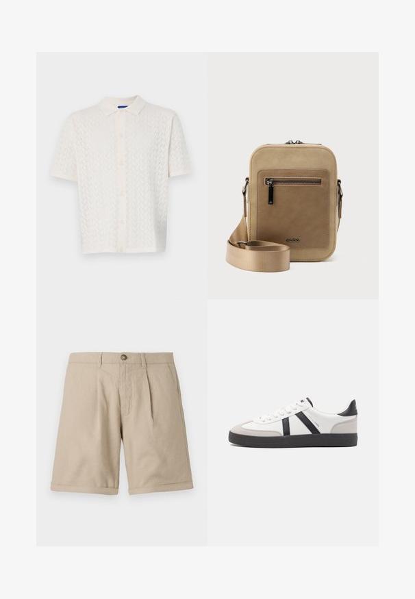 Kurzärmliges Poloshirt in Off-White mit strukturiertem Muster, Knopfleiste und klassischem Kragen.; Beige Leinen-Shorts mit geradem Schnitt, vorn mit Abnähern, Knopfverschluss und Umschlag am Saum. Glatte Textur mit minimalistischem Design.; Weiße Sneaker mit schwarz- und grau-aczenten, ausgestattet mit einer strukturierten grauen Zehenkappe, schwarzer Gummi-Sohle und flachen weißen Schnürsenkeln. Sauberes Design, minimalistische Stil.; Kleine beige Umhängetasche mit vorderer Reißverschlusstasche, metallischem ALDO-Logo, verstellbarem breitem Riemen und abgerundeter rechteckiger Form vor weißem Hintergrund.