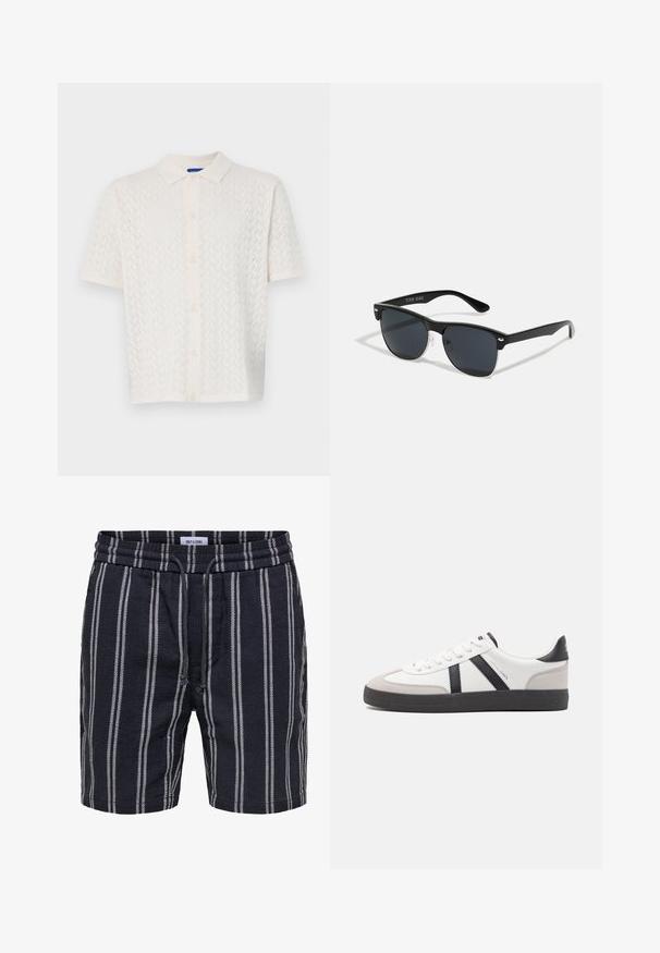 Polo à manches courtes en blanc cassé, présentant un motif texturé, un bouton sur le devant et un design de col classique.; Short bleu marine avec des rayures blanches verticales, taille élastique et cordon, fabriqué par Only & Sons.; Baskets blanches avec des accents noirs et gris, présentant un embout texturé gris, une semelle en caoutchouc noir et des lacets plats blancs. Design épuré, style minimaliste.; Lunettes de soleil noires de forme rectangulaire, verres foncés, accents argentés aux tempes et finition mate sur la monture.