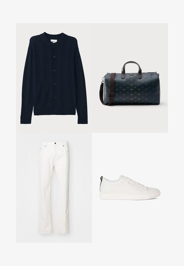 NN.07 THOR - Camisa - dark blue; Jeans de mezclilla blanca con un diseño de pierna recta, que presentan un estilo de cinco bolsillos, un cierre de botón metálico y detalles de costura mínimos.; Zapatilla de cuero blanca con puntera redondeada, suela de goma plana y costuras en tono. Presenta un cierre con cordones en la parte delantera y una lengüeta en el talón de color negro.; Bolsa de viaje cilíndrica azul oscuro con asas negras y una correa de hombro ajustable marrón que presenta patrones de logotipo repetidos sutiles.