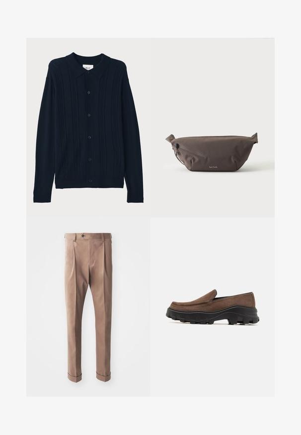 NN.07 THOR - Skjorter - dark blue; Khaki bukser lavet af struktureret stof, med høj talje, lynlås, og optrukne manchetter, samt en enkelt knaplukning i taljen.; Brun ruskinds slip-on sko med en tykk sort gummisål, der har markante trækmønstre og et glat, afrundet tådesign.; Mørkebrun stof talje taske med diagonalt lynlåslomme og lille hvidt logo på fronten, sat mod en ensfarvet lys baggrund.