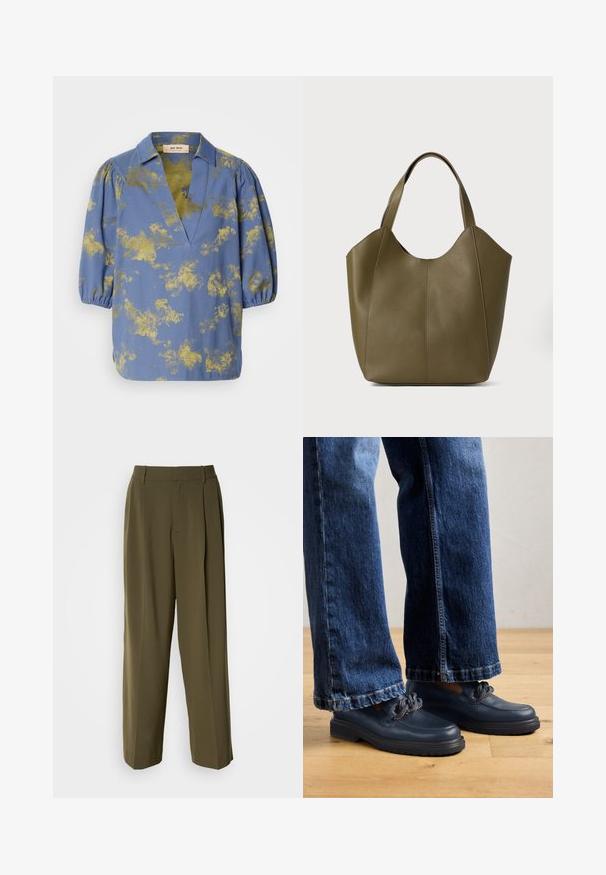 Blaue Bluse mit goldenem abstraktem Muster, Kragen und Puffärmeln. Hergestellt aus glattem Stoff mit lockerer Passform und V-Ausschnitt.; Olivegrüne weite Hosen aus einem glatten Stoff, mit hoher Taille, Frontfalten und seitlichen Taschen für Funktionalität.; Dunkelblaue Leder Schuhe mit einer massiven Sohle und Kettendetails auf dem Obermaterial, kombiniert mit lockeren, dunkelblauen Jeans.; Olivgrüne Leder-Tasche mit doppelten Trägern, glatter Textur und vierteiliger Gestaltung. Verstärkte Nähte entlang der Nähte für Langlebigkeit.