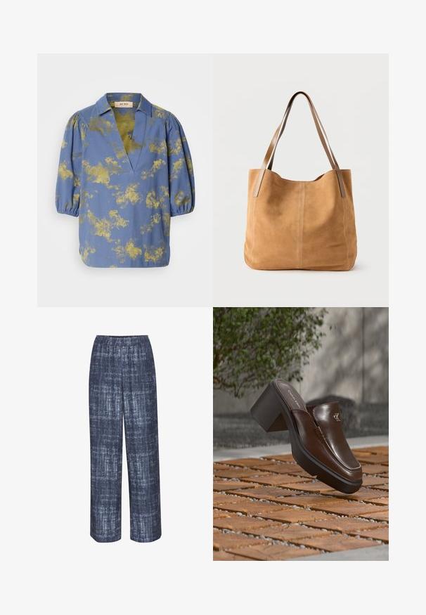 Blouse bleue avec un motif abstrait doré, col et manches bouffantes. Fabriquée en tissu lisse avec une coupe décontractée et un décolleté en V.; Gestuz DEMIA PANTS - Pantalon classique - dark blue; Mule à talon en cuir marron Calvin Klein flottant au-dessus d'un sol en carrelage en bois avec en arrière-plan une plante verte et un mur flous.; Sac fourre-tout en daim beige avec de longues anses en cuir marron clair, texture douce et couture simple sur un fond blanc uni.