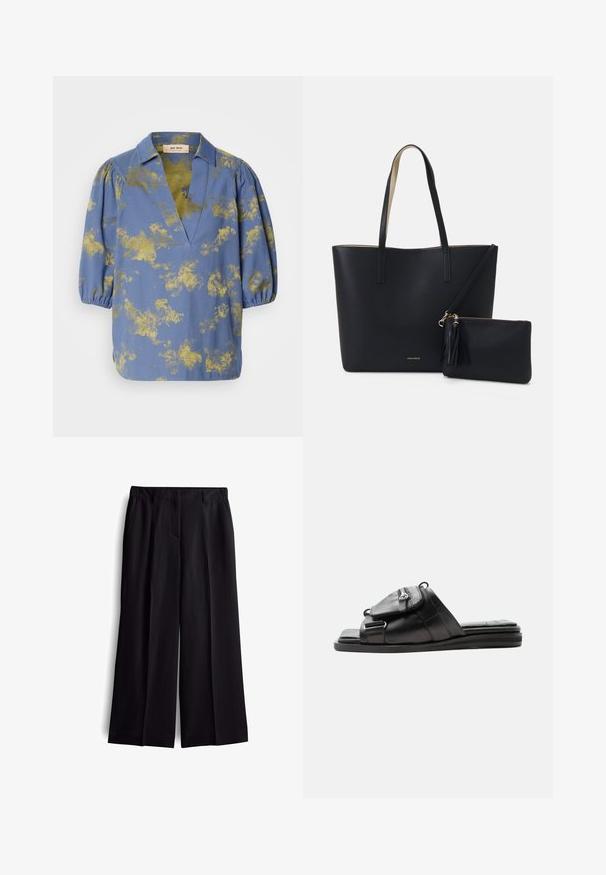 Blaue Bluse mit goldenem abstraktem Muster, Kragen und Puffärmeln. Hergestellt aus glattem Stoff mit lockerer Passform und V-Ausschnitt.; Schwarze Culottes mit glatter Textur, die über vordere Taschen und ein klares, maßgeschneidertes Design verfügen. Keine sichtbaren Verschlüsse oder Muster.; Schwarze Ledersandale mit gepolsterter Sohle und vorderer Reißverschlusstasche am Riemen.; Schwarze Tragetasche aus strukturiertem Material, mit zwei langen Griffen und einem abnehmbaren Reißverschlussbeutel mit Quastendetail. Goldenes Markenlogo sichtbar.