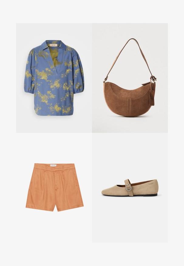 Blouse bleue avec un motif abstrait doré, col et manches bouffantes. Fabriquée en tissu lisse avec une coupe décontractée et un décolleté en V.; Shorts plissés orange en tissu lisse, avec une fermeture éclair à l'avant, des passants de ceinture et des poches latérales. L'étiquette indique "ANNA FIELD."; Ballerines en daim beige de style Mary Jane avec un bout pointu et une seule sangle réglable dotée d'une boucle en métal argenté. Semelle plate noire.; Sac à main en daim marron de forme courbée en demi-lune. Il est doté d'une bandoulière, d'une petite étiquette et de coutures visibles le long des bords.