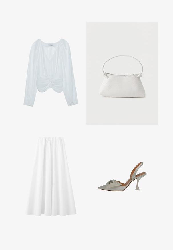 Blouse blanche à manches longues avec un col en V, texture plissée, accents froncés à la taille et poignets élastiques. Étiquette de marque visible à l'intérieur.; Longue jupe blanche avec une taille élastique et un tissu fluide s'étendant jusqu'à l'ourlet.; Chaussure slingback en satin blanc, à bout pointu, ornée de perles argentées. Présente un talon fin et transparent, ainsi qu'un détail décoratif texturé sur le dessus.; Sac à main en cuir tressé blanc avec poignée arrondie et extrémités de lanière nouées, présenté sur un fond uni.