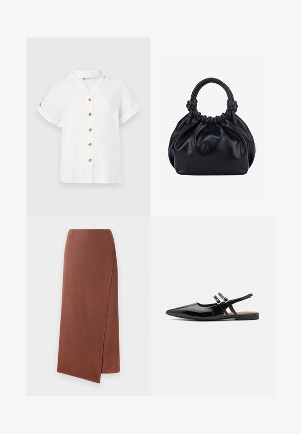 Blouse blanche à manches courtes avec col, présentant un devant à boutons avec des boutons ronds en doré. Confectionnée en tissu léger.; Jupe longue marron en tissu lisse avec une silhouette droite. Présente une fente sur le côté pour faciliter les mouvements. Design uni sans motifs.; Des chaussures slingbacks en cuir verni noir présentent un bout pointu, deux sangles avec des accents de boucle, et une semelle plate.; Sac à main en cuir noir souple avec le dessus froncé et deux grosses poignées nouées sur un fond uni clair.