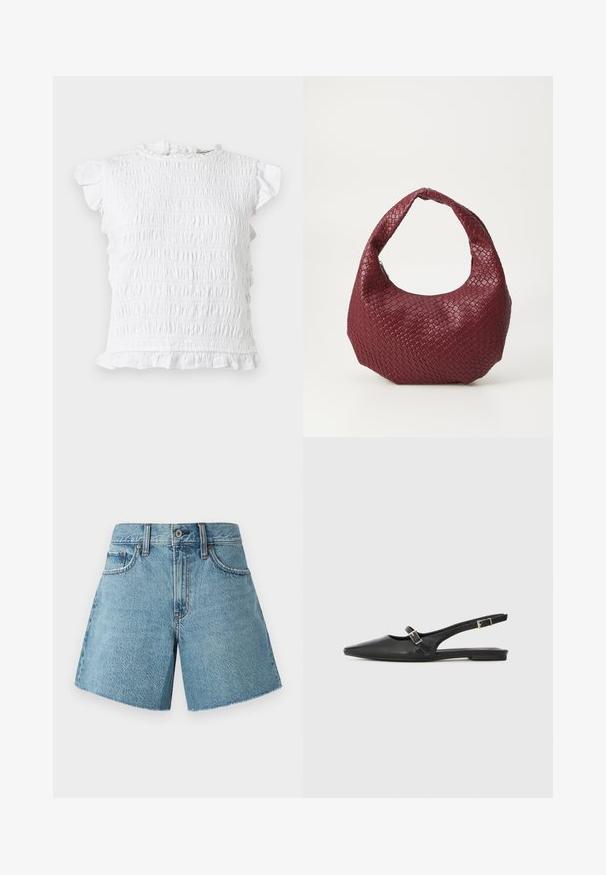 Hvid kortærmet bluse med smockdetaljer og flæsekant ved krave, ærmer og kant, vist fladt på en lys baggrund.; Denim shorts i lys blå, med høj talje, fem lommer og rå kant. Fremstillet af tekstureret bomuldsstof med et klassisk design.; Sorte læder slingback-sko med spids tå, med en smal rem og en sølvspænde-detalje på siden. Flad sål.; Vævet bordeaux håndtaske med en rund silhuet, et enkelt håndtag og en tekstureret overflade. Lynlåslukning øverst.
