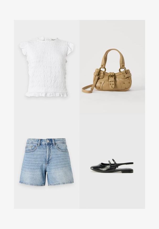 Weißes gesmoktes Kurzarmoberteil mit Rüschen an Kragen, Ärmeln und Saum, flach auf einem hellen Hintergrund präsentiert.; Hellblaue Jeansshorts mit hoher Taille, fünf Taschen und ausgefranstem Saum. Verfügt über dezente Verblassungen und goldene Nahtdetails.; Schwarzer Leder-Slingback-Schuh mit spitzem Schuhkopf, zwei Schnallenakzenten und einem niedrigen Absatz. Glatte Textur und elegantes Design.; Beige Lederhandtasche mit doppelten Griffen, Messingschnalle und Nieten, sowie verstellbarem Schultergurt vor weißem Hintergrund.