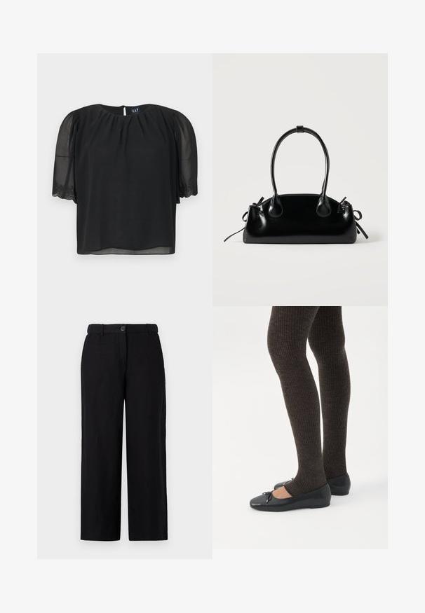 Blusa negra de manga corta con mangas abullonadas de gasa y delicados bordados en los puños, escote fruncido y etiqueta de GAP en la parte trasera.; Pantalones de pierna ancha negros, hechos de una tela ligera, con cierre de botón en la parte frontal y trabillas para cinturón. Textura suave sin patrones visibles.; Piernas con leggings oscuros acanalados combinados con bailarinas negras que presentan pequeños detalles de lazo sobre un fondo blanco.; Pequeño bolso negro brillante con dos asas largas y detalles de cordón lateral sobre un fondo claro liso.