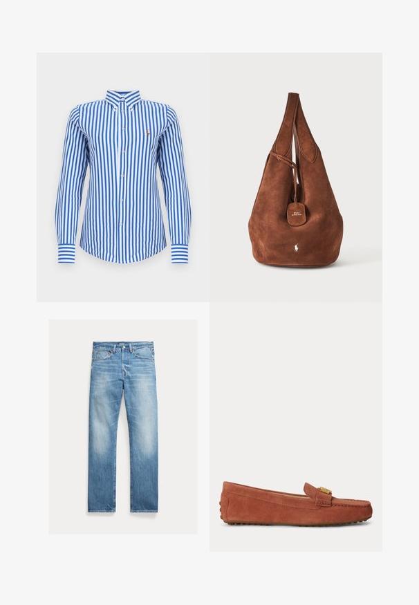Chemise à manches longues à rayures verticales bleu et blanc, boutonnée sur le devant, avec col à boutons et petit logo brodé sur la poitrine.; Jean denim bleu clair à coupe droite, légèrement délavé, design cinq poches avec étiquette visible de la marque Polo sur la ceinture.; Mocassin en daim marron avec un détail boucle dorée, bout arrondi et semelles en caoutchouc antidérapantes, présenté de profil sur un fond uni.; Sac d'épaule en daim marron avec une sangle unique, fermeture à cordon, logo Polo Ralph Lauren et étiquette en cuir marquée sur fond neutre.