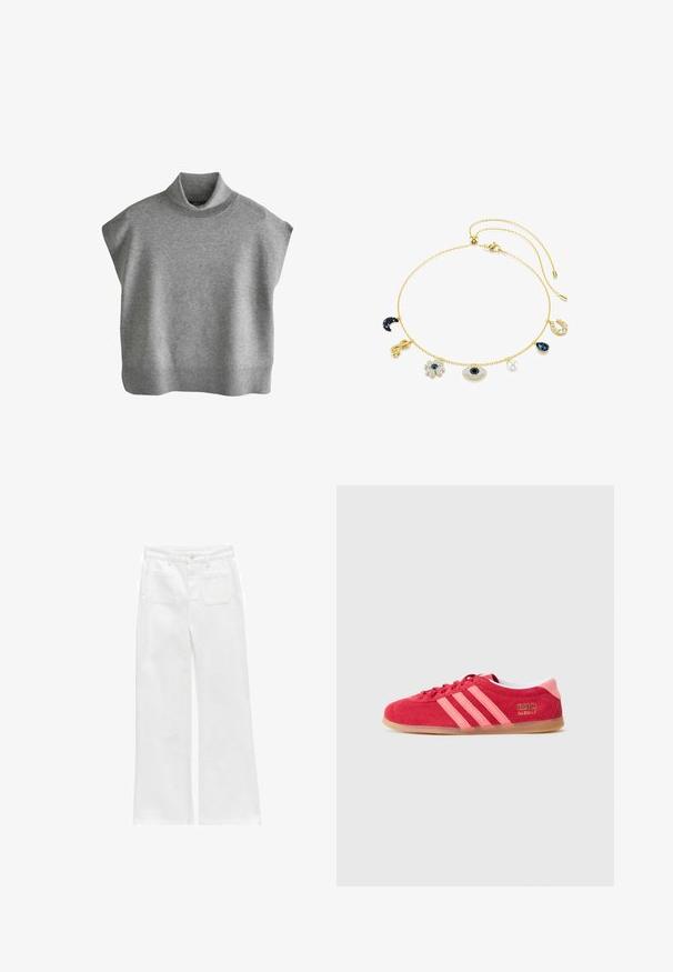 Grå ærmeløs strikket sweatervest med høj ribstrikket krave og bred ribstrikket kant, lavet af blødt, mediumvægt stof.; Hvide vide bukser lavet af denim, med knaplukning, fem lommer og en ren finish uden synlige dekorationer.; Rød ruskindssneaker med pink striber, gummisål i farven gum og gyldne logodetaljer. Har rundet tå og snørelukning.; Guldtonet armbånd med forskellige charms: en halvmåne, uendelighedssymbol, blomst, øje og tårer, hver med distinkte sten og teksturer.