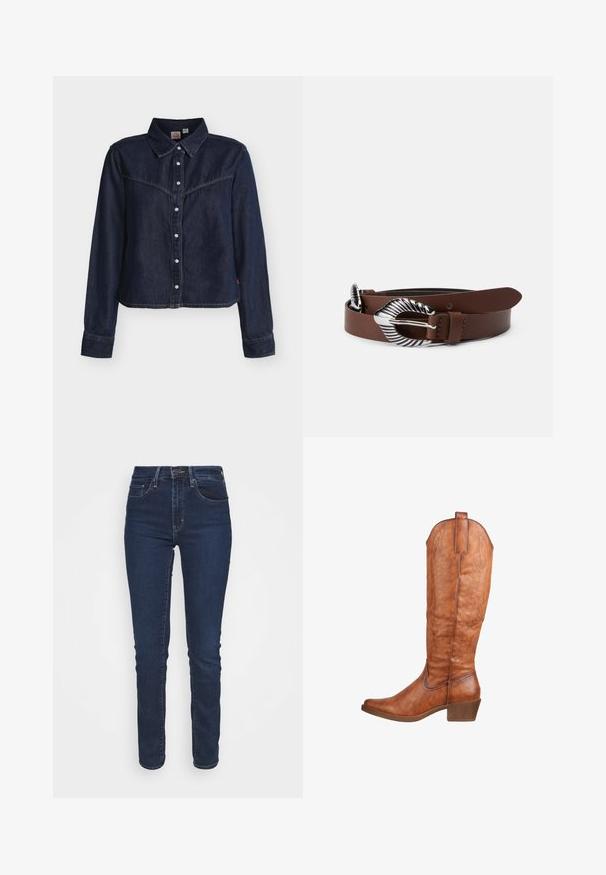 Mørkeblå denimskjorte med lange ærmer og trykknapper, vestlig stil yoke, spids krave og lige kant mod hvid baggrund.; Mørkeblå denimjeans med slim fit, medium høj talje, forlommer og lynlåslukning. Stofoverfladen har en glat tekstur.; Brune læder overknæstøvler med en let spids tå, dekorativ syning og en beskeden hæl. Struktureret overflade med en trækrem bagpå.; Brun læderbælte med en bred, struktureret sølvspænde. Bæltet har en glat overflade og har flere justeringshuller.