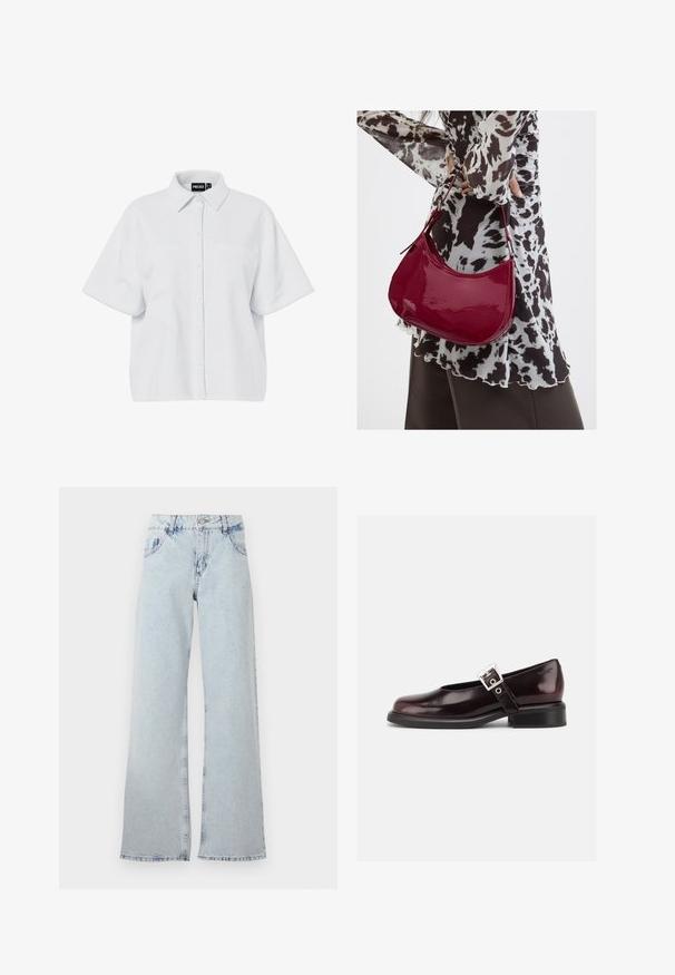 Chemise blanche à manches courtes avec boutons, col pointu et deux poches poitrine, étiquetée "PIECES" à l'intérieur du col.; Jeans large bleu clair en denim, avec une taille haute, des passants de ceinture, cinq poches et des zones décolorées pour un aspect vintage.; Chaussure Mary Jane unique brillante couleur bordeaux foncé avec une large bride et une boucle argentée, talon bloc bas et bout arrondi sur fond blanc.; Femme portant un chemisier à motif noir et blanc tenant un sac à main rouge brillant sur un fond uni.