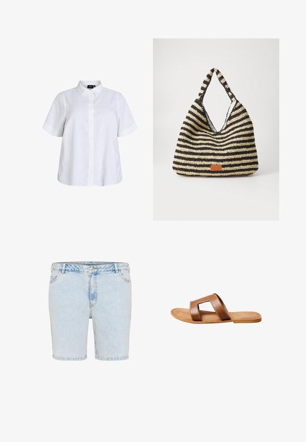 Hvid kortærmet skjorte med knapper og krave, ensfarvet design, let løs pasform, knapper foran og korte ærmer.; Lyseblå denimshorts med lige snit, fem lommer og synlige stikninger. Har en lukning med knap og lynlås.; Brun læder slidesandal med bred rem med rektangulært udskåret hul, flad sål og synlige hvide syninger på hvid baggrund.; Stribet vævet taske i sort og beige, med et slouchy design, tekstureret overflade og et lille lædermærke.