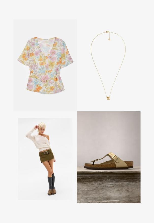Blouse florale en tissu transparent, avec un col en V, des manches courtes et des couleurs pastel légères ornées de motifs floraux orange, rose et bleu, ainsi qu'un accent doré.; Femme aux cheveux blonds courts portant un pull crème à épaules dénudées, une mini-jupe verte avec une ceinture, des chaussettes grises montantes jusqu'aux genoux et des sabots marron, posant.; Sandale avec semelle en liège de couleur or clair, dotée d'un design à tongs et d'une boucle ajustable. Présente une semelle extérieure texturée pour une meilleure adhérence. Schéma de couleurs neutres.; Collier chaîne en or avec un design de nœud torsadé au centre. Texture lisse, avec un fermoir et une longueur ajustable. Simple mais élégant.