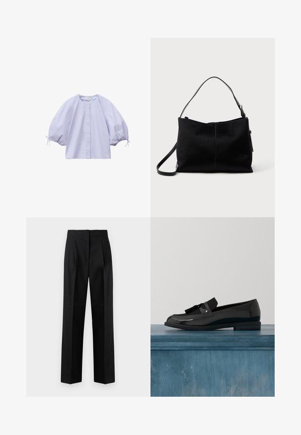 Lyse lilla bluse med brede, samlet trekvart-ærmer bundet ved manchetterne og rund halsudskæring, vist på en hvid baggrund.; Sorte trousers lavet af vævet stof, med et skræddersyet design med plisseringer, lige ben og flad front. Holdbar og glat tekstur.; Sorte patenterede lædersko med flad hæl, med et frynsedetalje og glat overflade, designet med en rund tå og subtil søm.; Sort skuldertaske med en glat, tekstureret overflade, prydet med en enkelt rem og en lynlåslukning øverst. Kompakt rektangulær form.