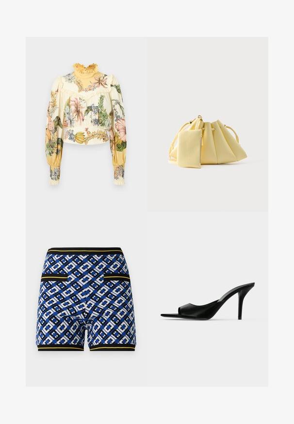 Alemais OLEANDER - Bluse - multi coloured; Gestreifte Strickshorts mit einem blauen, schwarzen und weißen geometrischen Design, kontrastierenden gelben Akzenten und seitlichen Taschen.; Schwarzer Leder-Pantolette mit offenem Zehenbereich und hohem, schlankem Stiletto-Absatz, im Seitenprofil vor neutralem Hintergrund gezeigt.; Weiche, gelbe Handtasche mit Kordelzug und passender kleiner Reißverschlusstasche, vor einem schlichten weißen Hintergrund.