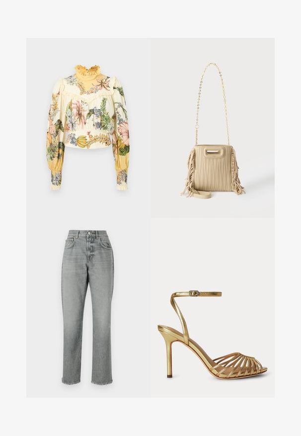 Alemais OLEANDER - Blouse - multi coloured; CLOSED JONTA - Jean boyfriend - mid grey; Sandale à talon haut dorée avec fines lanières, bout ouvert et bride de cheville ajustable avec une petite boucle.; Sac à main matelassé beige avec des détails à franges sur les côtés, une bandoulière chaîne dorée et une petite ouverture sur la poignée supérieure.
