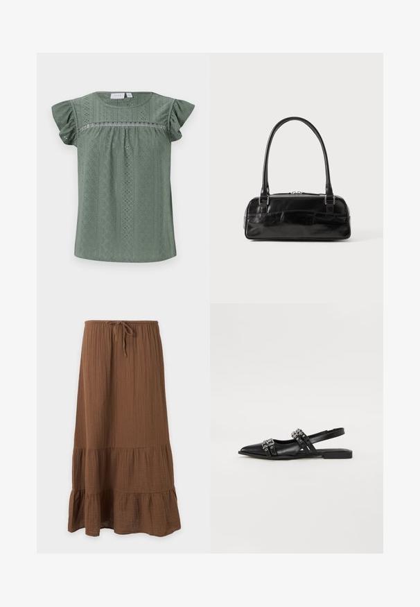 Blouse verte à manches courtes en tissu léger texturé, présentant un motif avec des détails en œillets et des manches à volants.; Jupe midi marron en tissu texturé, taille élastique, lien ajustable et ourlet à volants à étages, suspendue devant un fond blanc.; Even&Odd by Zalando Ballerines à brides arrière - black; Sac à main en cuir noir de forme rectangulaire, doté d'une seule ansse structurée, de quincaillerie argentée et d'une fermeture éclair. Texture lisse.