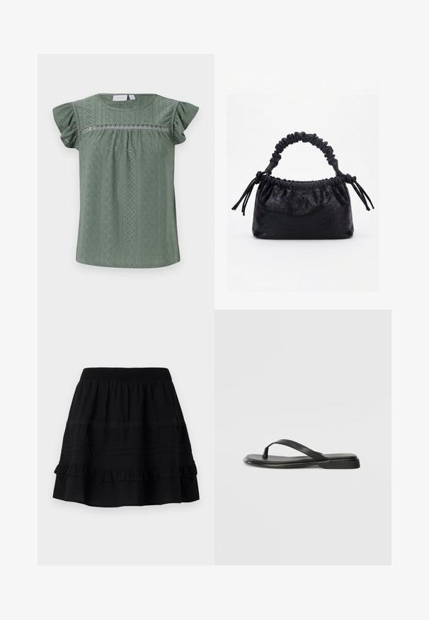 Grüne Bluse mit kurzen Ärmeln aus leichtem, strukturiertem Stoff, mit einem gemusterten Design, das Ösen-Details und Rüschensäume aufweist.; Schwarzer Baumwollrock mit einem gestuften Rüschendesign, ausgestattet mit einem elastischen Bund und Verzierungen aus kontrastierenden Nähten und Spitzenbändern.; Schwarze Flip-Flops aus glattem Leder, mit einem dünnen Riemendesign und einer flachen Sohle mit minimalem Profil. Keine bemerkenswerten Muster oder Akzente.; Schwarze Handtasche mit Krokodilstruktur, gerafftem oberen Rand, zusammengezogenem Griff und Zugkordeln mit Quasten an jeder Seite vor weißem Hintergrund.
