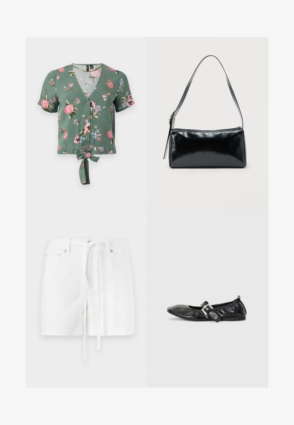 Crop top à imprimé floral vert avec un décolleté en V, des manches courtes, un bouton à l'avant et un détail de nœud à l'avant. Comprend des motifs de fleurs roses et bleues.; Shorts en denim blanc avec une taille à cordon de serrage, dotés de deux poches avant et d'une texture lisse. Le design est simple et classique, sans motifs.; Chaussure plate en cuir noir avec un nez pointu, des détails froncés autour de l'ouverture et un accent en boucle argentée sur la bride ajustable.; Sac d'épaule rectangulaire noir avec une sangle réglable unique et une fermeture éclair supérieure sur un fond uni.