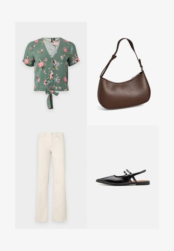 Crop top à imprimé floral vert avec un décolleté en V, des manches courtes, un bouton à l'avant et un détail de nœud à l'avant. Comprend des motifs de fleurs roses et bleues.; Pantalons beiges évasés en mélange de coton, dotés de poches standard, d'une fermeture à bouton sur le devant et de détails de couture le long des coutures.; Des chaussures slingbacks en cuir verni noir présentent un bout pointu, deux sangles avec des accents de boucle, et une semelle plate.; Petit sac bandoulière en cuir marron avec sangle réglable et fermeture éclair, présenté sur fond blanc. Aucun logo ou décoration visible.