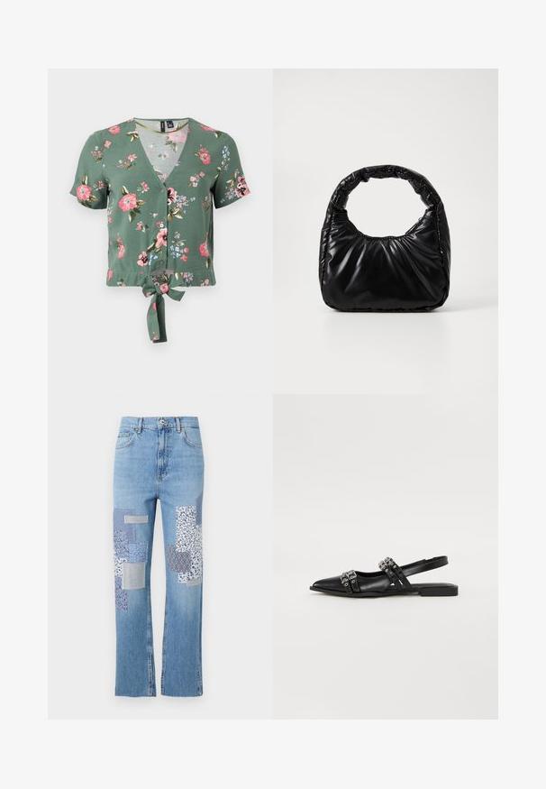 Crop top à imprimé floral vert avec un décolleté en V, des manches courtes, un bouton à l'avant et un détail de nœud à l'avant. Comprend des motifs de fleurs roses et bleues.; Jean en denim bleu clair avec une coupe large, décoré de divers patchs en tissu à motifs bleus et blancs sur le devant.; Even&Odd by Zalando Ballerines à brides arrière - black; Sac à main noir rembourré avec une poignée arrondie, présentant une surface lisse et brillante ainsi qu'une texture douce et matelassée. Pas de quincaillerie ou d'accents visibles.