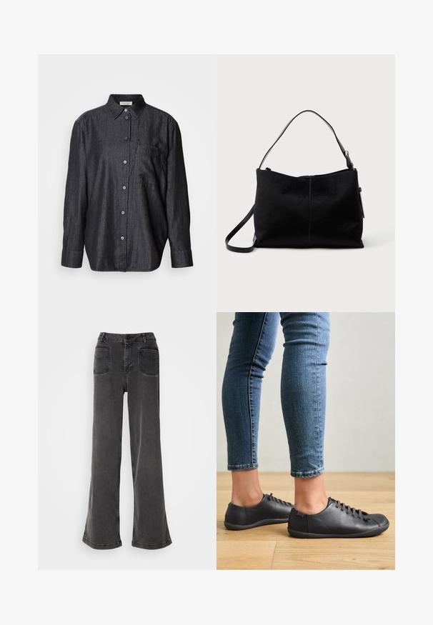 Chemise à manches longues gris foncé en tissu léger, avec un devant à boutons, un col et une poche poitrine unique.; Jean noir taille haute à jambes larges en denim, avec une fermeture à bouton, des passants de ceinture et deux poches arrière avec des accents cousus.; Chaussures en cuir noir avec un bout rond, profil bas et système de laçage. Associées à des jeans ajustés bleus sur un fond de parquet.; Sac à bandoulière noir avec une surface lisse et texturée, doté d'une seule sangle et d'une fermeture éclair en haut. Forme rectangulaire compacte.