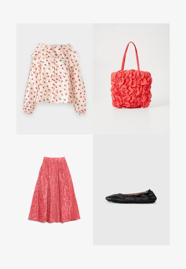 Blusa floral con escote y mangas con volantes, con un fondo rosa claro y estampado de rosas rojas dispersas. Lazos adornan el cierre delantero.; Falda maxi de coral fluida, hecha de un tejido texturizado, con un patrón floral y pequeños acentos blancos, y pliegues para añadir volumen.; Bailarina de cuero negro con detalles fruncidos en el cuello, punta redondeada y suela de goma flexible. Textura suave en toda su superficie.; Bolsa de mano coral con un diseño texturizado y fruncido. Hecha de una tela suave, cuenta con dos asas resistentes y un interior espacioso.