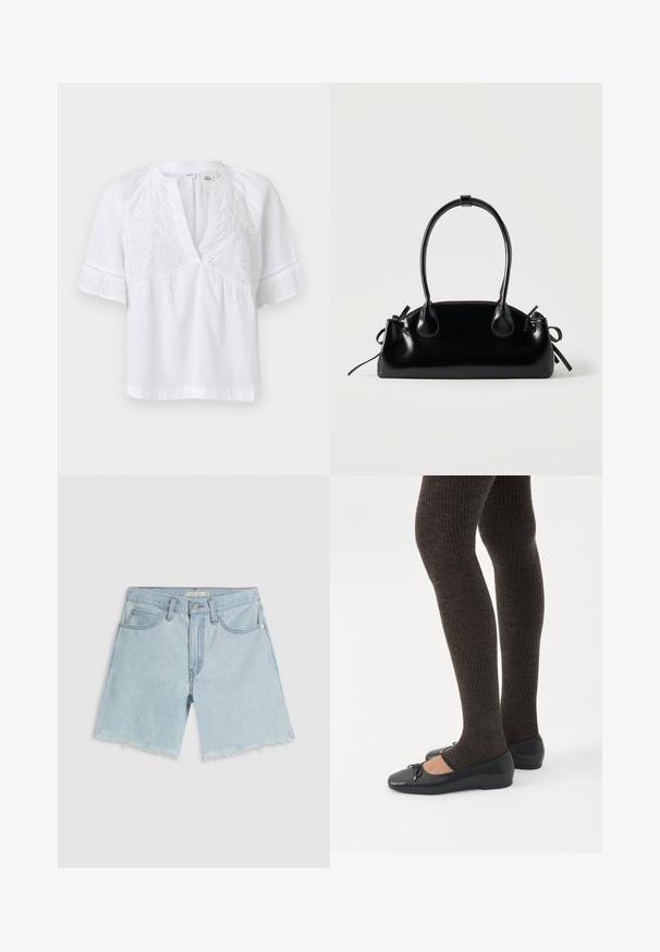 Blusa blanca de manga corta con escote en V, bordado floral en el pecho y puños con volantes, confeccionada con tela ligera.; Pantalones cortos de mezclilla azul claro con dobladillo deshilachado, cuatro bolsillos y cremallera; presentan un sutil desgastado y herrajes de tono plateado.; Piernas con leggings oscuros acanalados combinados con bailarinas negras que presentan pequeños detalles de lazo sobre un fondo blanco.; Pequeño bolso negro brillante con dos asas largas y detalles de cordón lateral sobre un fondo claro liso.