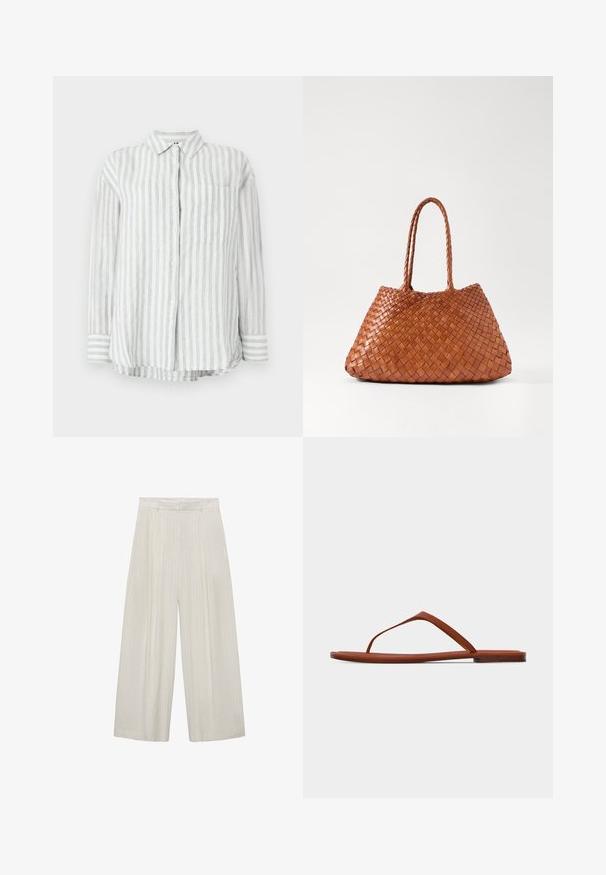 Camisa ligera de manga larga en tonos gris suave y blanco a rayas, con cierre de botones en la parte delantera y un bolsillo en el pecho. Tejido suave y transpirable.; Pantalones de pierna ancha en beige claro con rayas verticales blancas. Con cintura alta, frente plisado y textura suave.; Sandalia plana marrón con suela fina y diseño minimalista de tira entre los dedos sobre un fondo claro liso.; DRAGON DIFFUSION SANTA CROCE BIG - Bolso de mano - tan