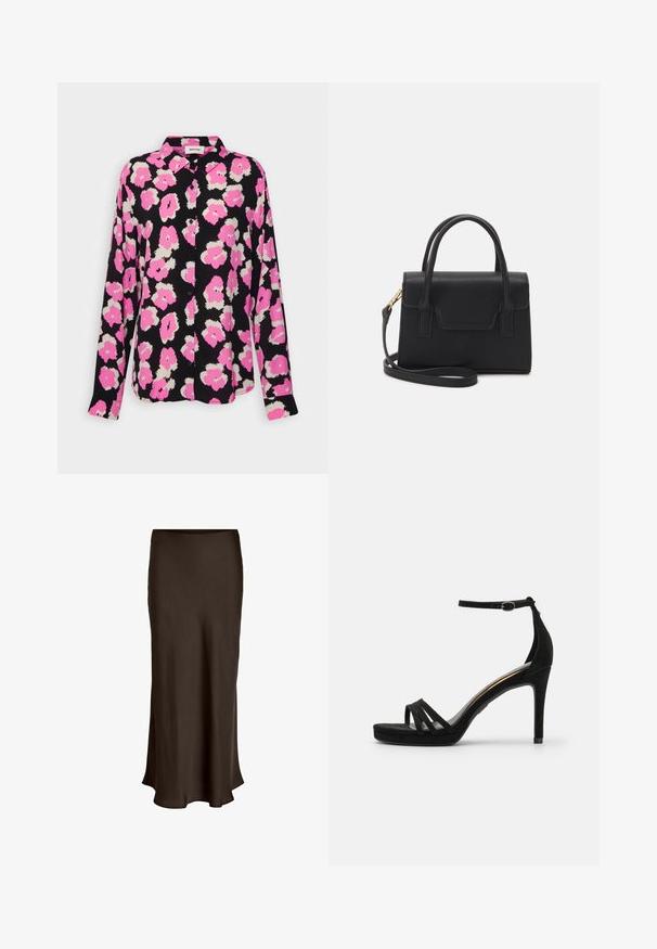 Schwarzes Hemd mit Pink- und Weißblumenmuster, mit einem Knopfverschluss vorne und langen Ärmeln. Der Stoff wirkt glatt und leicht.; VILA VIELLETTE HW MIDI SKIRT - NOOS - Maxirock - coffee bean; Schwarze Wildleder-High-Heel-Sandale mit offenem Zeh, ausgestattet mit drei schmalen Riemen über der Vorderseite und einem verstellbaren Knöchelriemen.; Schwarze strukturierte Handtasche aus Leder mit einem oberen Tragegriff, abnehmbarem Schulterriemen und einer Klappe auf der Vorderseite. Akzente in Goldmetall.