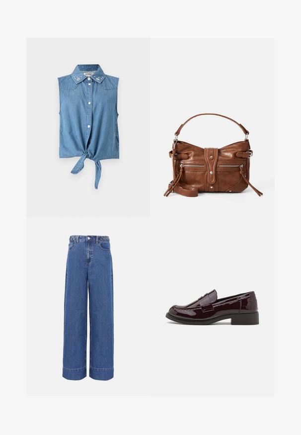 Ærmeløs lyseblå denimskjorte med knapper foran, bindebånd forneden og perleblomsterudsmykning på kraven.; Blå denim jeans med vide ben, flettet linning, knap foran og lommer, vist på ensfarvet baggrund.; Bordeaux patenterede læderslippers med en lav blokhæl, der har traditionel syning og en stropdetalje over forfoden.; Brun læderhåndtaske med en rund form, to frontlommer med lynlås og en aftagelig skulderrem. Udstyret med hardware og syninger i sølvfarve.