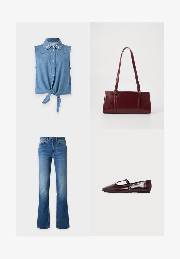 Chemise sans manches en denim bleu clair avec des boutons sur le devant, un lien à l'ourlet et des embellissements floraux en perles sur le col.; Jean en denim bleu avec une légère évasement en bas, fermeture avant par boutons et fermeture éclair, et poches avant sur un fond uni.; Chaussure plate en cuir bordeaux foncé avec un bout pointu et une fine bride en T avec une boucle argentée sur fond blanc.; Sac à main bordeaux en matériau brillant, de forme rectangulaire, avec deux anses et des accents légèrement courbés à l'avant.