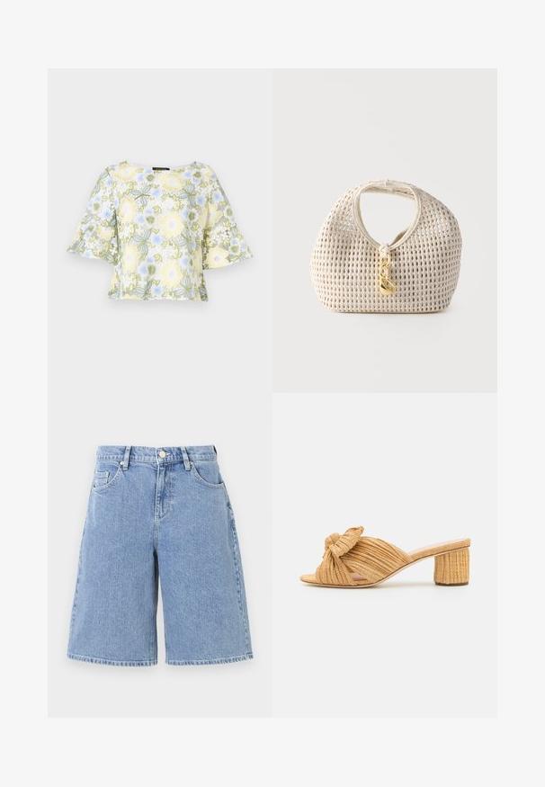 Bruuns Bazaar YVONNE CARLIS - Bluse - multi coloured; Lysblå denimshorts med en løs pasform, høj talje, frontlommer og dobbelt-syet kant. Glat tekstur med et klassisk design.; Beige, flettede sandaler med åben tå og hæl, der har en knyttet accent på overdelen og en tekstureret blokhæl for stabilitet.; Kremfarvet vævet håndtaske med rund form, kort håndtag og dekorativ guldfarvet lås hængende foran i midten.