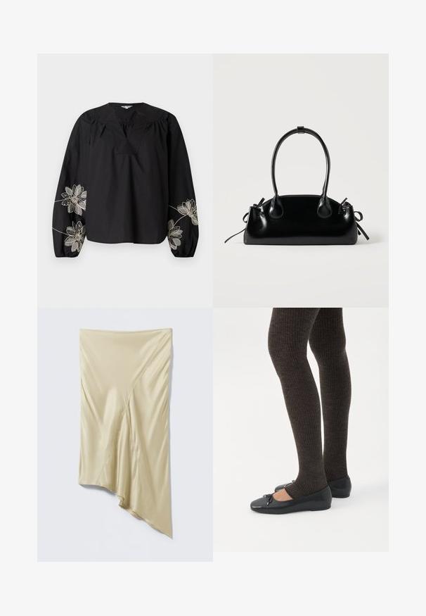 Zwarte katoenen blouse met een diepe halslijn, lange pofmouwen en ingewikkeld bloemenborduurwerk in goud en wit op de mouwen.; Beige asymmetrische satijnen rok met diagonale naden en een gedrapeerde, ongelijke zoom op een lichtgrijze achtergrond.; Benen met donkere geribbelde leggings gecombineerd met zwarte ballerina's met kleine strikdetails op een witte achtergrond.; Kleine zwarte glanzende handtas met twee lange hengsels en zijkant trekkoord details op een effen lichte achtergrond.