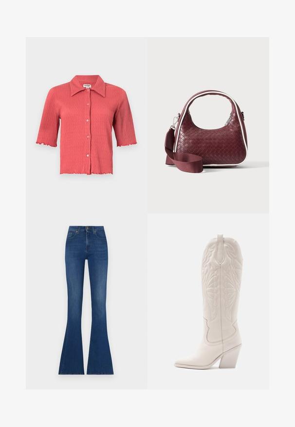 Kortærmet, ribbet bluse i koralrød med spids krave, knaplukning foran og bølgede kanter ved ærmer og kant. Letvægtig tekstur.; Flares jeans i mørkeblåt denim, høj talje med en tætsiddende top og brede flared bukseben, præget af diskret slidser og klassisk syning.; Hvide læder cowboystøvler med spidse tæer og blokhæle. Har intrikate syninger på skaftet og en glat tekstur.; Mørkerød vævet lædertaske med buet hank, hvid kant, sølv lynlås og aftagelig bred stofskulderrem mod en ensfarvet baggrund.