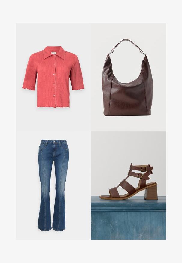 Kurzärmlige, gerippte Bluse in Korallenpink mit spitzem Kragen, Knopfleiste und gewellten Kanten an den Ärmeln und dem Saum. Leichte Textur.; Dunkelblaue, ausgestellte Jeans mit einem hellen Waschung. Eigenschaften sind eine hohe Taille, vordere Taschen und genähte Details an den Nähten.; Braune Ledersandalen mit Absatz, multiple Riemen und goldene Schnallen. Quadratische Spitze und strukturierter Blockabsatz. Glatte Innenauskleidung.; Dunkelbraune Leder-Schultertasche mit einem einzelnen verstellbaren Riemen, einer leicht gebogenen Oberseite und einem Reißverschluss an einer Seite.